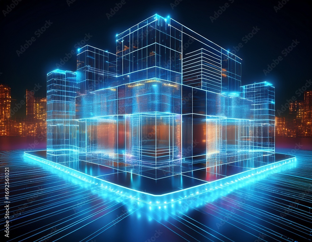 Poster a glowing wireframe representation of a futuristic minimalist architectural structure surrounded by 