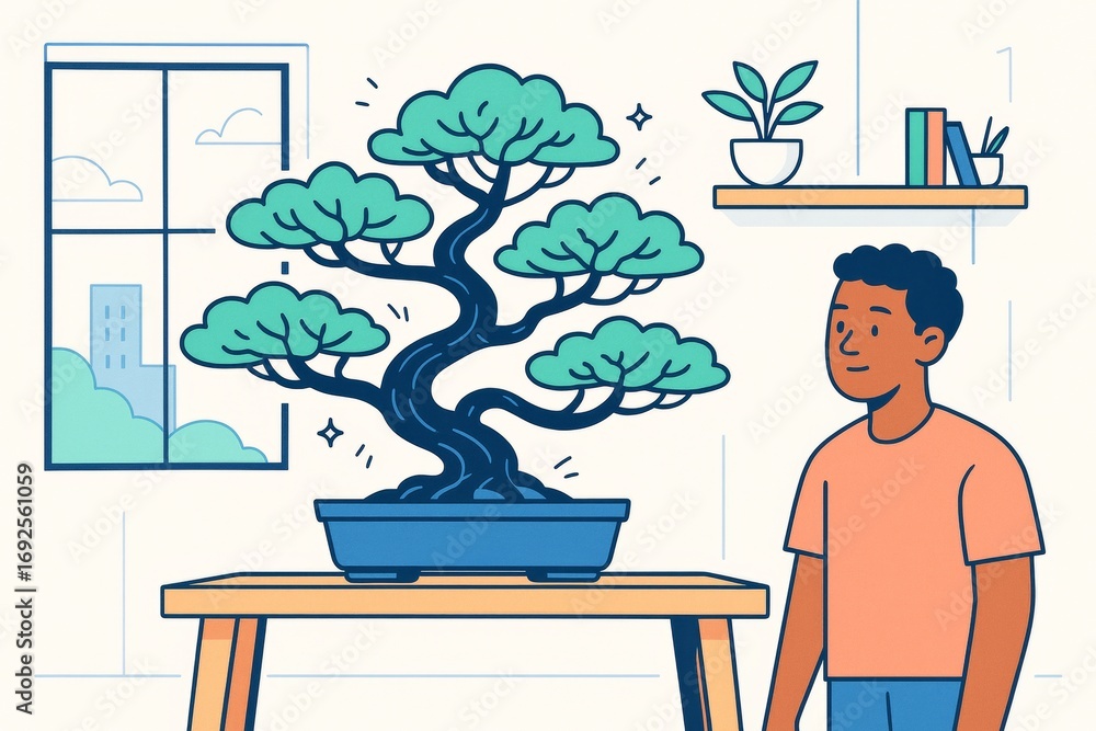 Poster man admiring bonsai tree in cozy modern room with books and plants on shelves in soft abstract flat 