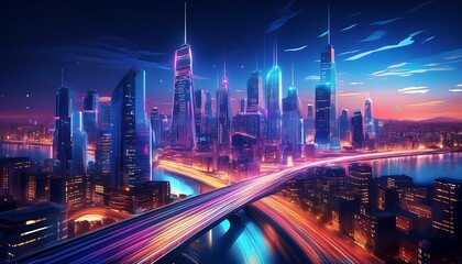 Fototapeta premium a visually striking nighttime cityscape featuring a futuristic skyline of illuminated technologically advanced high rise buildings and sleek innovative architectural designs