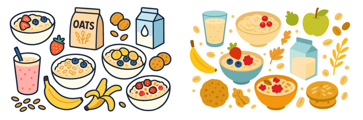Collection of oatmeal breakfast elements including porridge bowls with fresh berries, fruits, nuts, oat milk, and cookies