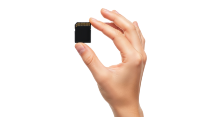 a hand gently holding a memory card unlocking digital worlds, stories, and potential, isolated on transparent background