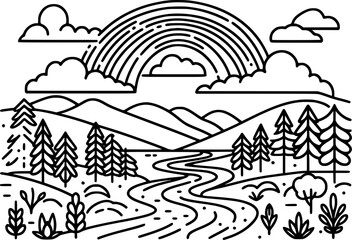 Simple line art of a peaceful landscape with hills, trees, house, rainbow, clouds, and mountains
