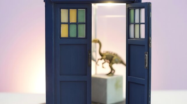 Miniature blue police box with dinosaur inside image