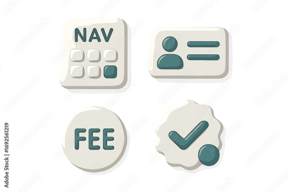 Poster 3d financial icon set with nav calculator, user id card, fee button, and verification checkmark for 