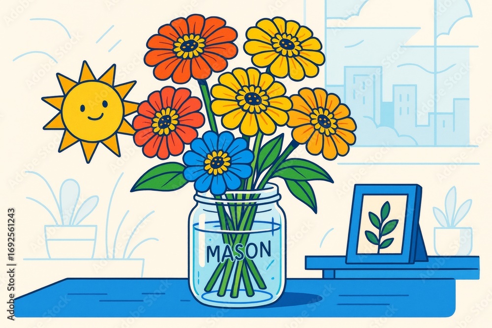 Poster bright colorful flowers in a mason jar with smiling sun and city view in modern flat style on light 