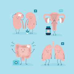 Unhappy sick organs set. Cartoon characters internal organs -  intestines, uterus, lungs, kidneys. Illness body organs. Funny mascot with negative emotions on faces