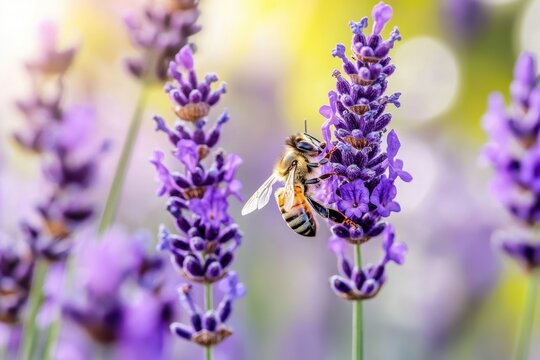 Bee collecting nectar from lavender flower in sunlit garden, close up macro showing delicate wings and pollen covered legs, evoking peaceful natural beauty