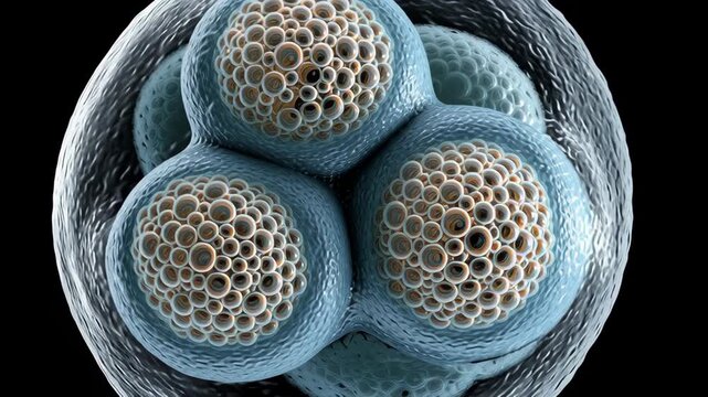 Four cell embryo blastomere cleavage microscopic blue embryo cell early division textured membrane clustered nuclei clinical