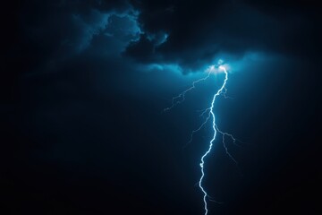 Dramatic lightning bolt strikes from dark storm cloud, illuminating turbulent night sky with electric blue flash and powerful energy, creating intense atmospheric mood and dramatic contrast