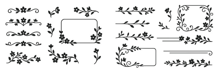 Collection of floral dividers and frames with decorative borders and ornaments in a simple black silhouette style for elegant design