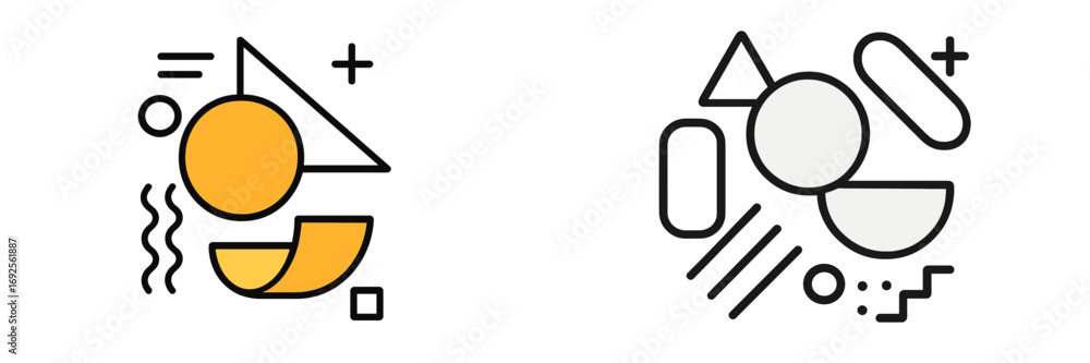 Poster set of two abstract geometric compositions with modern minimalist shapes like circles, triangles, an