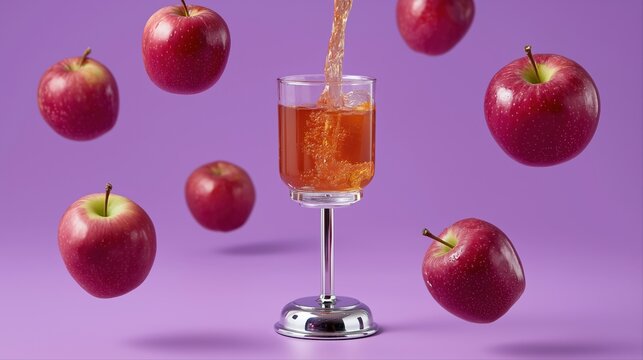 Floating red apples and pouring juice in glass on vibrant purple background