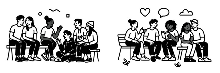Black and white line art of diverse groups of young people sitting on benches, talking, reading, and interacting in a community setting