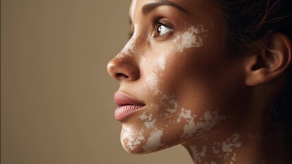 Young woman with vitiligo and displaying pigmentation differences, representing beauty diversity skin body positivity video 4k