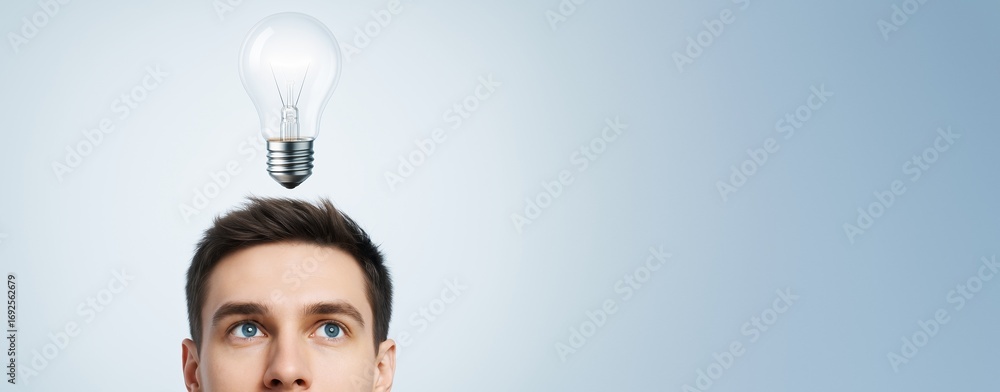 Poster man looking up at a glowing light bulb above his head symbolizing a new idea or inspiration on a blu