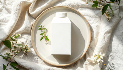 A top-down shot of a white milk carton on a ceramic plate with floral decorations.