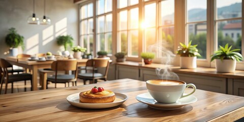 A delightful pastry and a steaming cup of coffee on a sunlit wooden table in a bright caf?