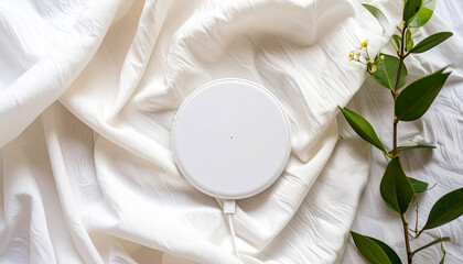 A white wireless charging pad sits on a white fabric surface with a green plant branch.