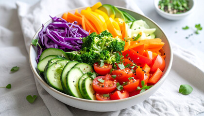 Vibrant and colorful rainbow salad bowl with fresh vegetables, a healthy and appetizing meal.