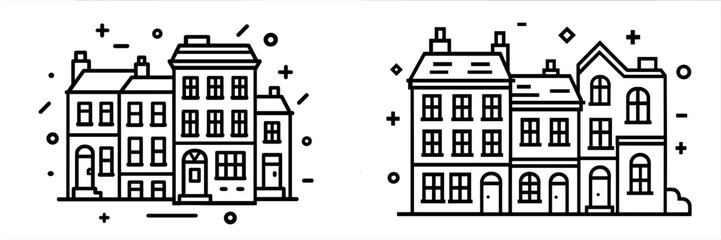 Fototapeta premium Minimalist line art icon collection of classic European townhouses and urban apartment buildings with simple decorative facade elements