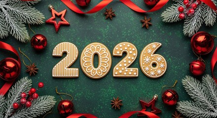 2026 New Year festive composition with gingerbread cookies shaped as numbers, fir branches, red ribbons, stars and berries on green background. Holiday celebration decoration greeting card design