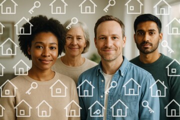 Diverse group of people standing indoors with house and key icons overlayed, representing real estate or homeownership concept in bright background. Ai generative