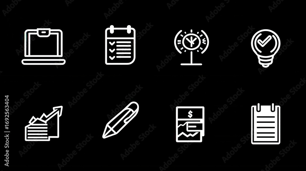 Poster a set of black and white icons representing various business technology and analytical concepts incl