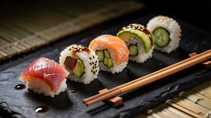 Sushi Platter with Salmon, Tuna, and Avocado Rolls