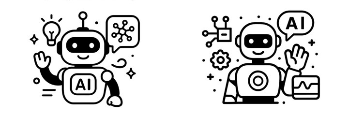 Set of friendly robot characters representing artificial intelligence concepts like machine learning, data analysis, and innovation