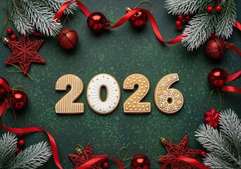 2026 New Year festive composition with gingerbread cookies shaped as numbers, fir branches, red ribbons, stars and berries on green background. Holiday celebration decoration greeting card design