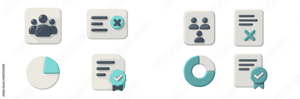 Poster set of 3d business icons for user interface design including team management, data analytics charts,