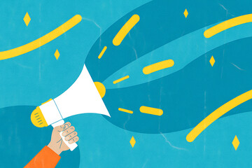 Announcement and Promotion Illustration &ndash; Hand Holding Megaphone with Geometric Elements on Blue and Teal Background