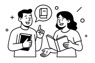 Two students discussing a book and sharing knowledge in a minimalist line art style for education and learning concepts