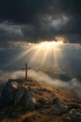 Wooden Cross on Mountain Peak – Dramatic Sunbeams and Stormy Sky Spiritual Landscap