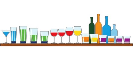 Colorful Drink Collection Stylized Bar Display with Various Beverages.