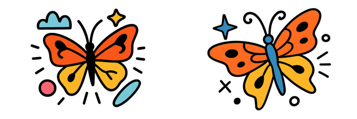 Two colorful butterflies in a cute doodle style with stars and clouds isolated on a white background