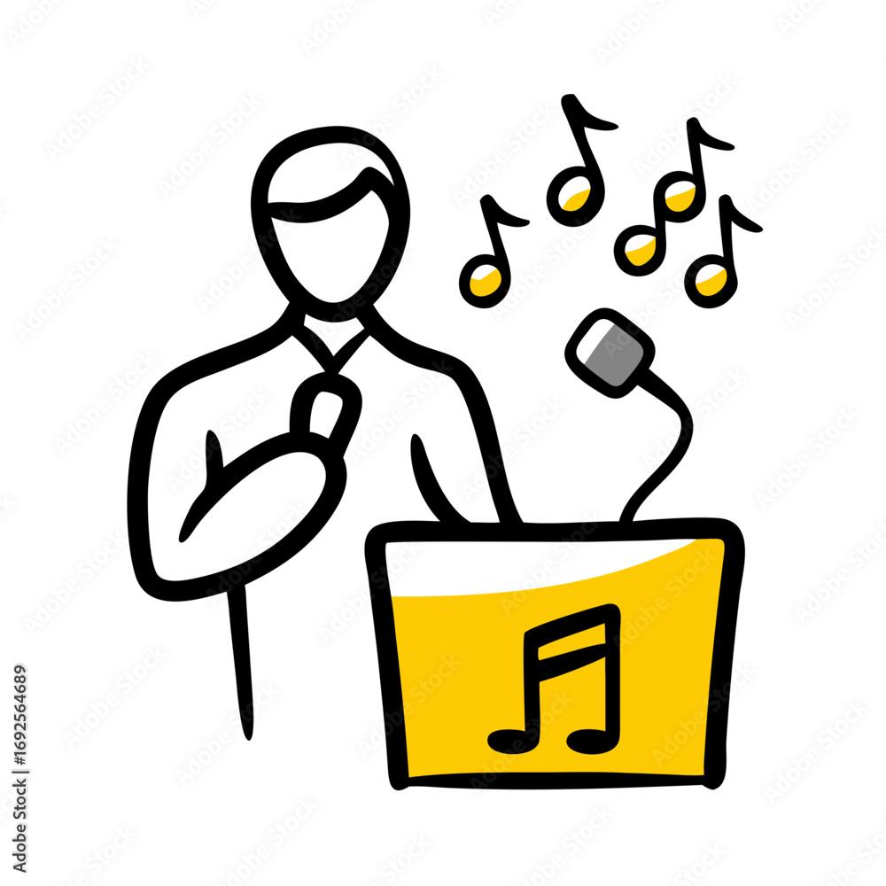 Aufkleber guest speaker at microphone with notes hand drawing icon for web and graphic design