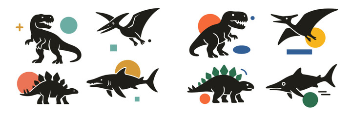 Stylized set of prehistoric creature silhouettes including dinosaurs and a shark combined with colorful abstract geometric shapes in a modern minimalist style