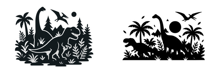 Set of two black and white dinosaur silhouettes in a prehistoric jungle landscape with Tyrannosaurus Rex, Brachiosaurus, and Pterodactyl among tropical palm trees and ferns