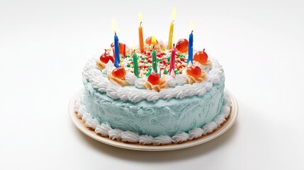 Festive birthday cake with decorative icing showcased in a clean, professional studio setup.