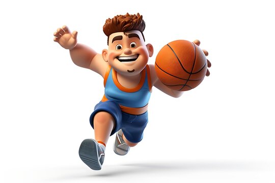 A cheerful cartoon boy dribbling a basketball while running on a white background