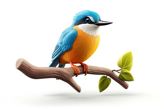 A vibrant blue and orange bird perched on a branch with green leaves in a minimalistic background