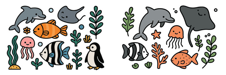 Cute cartoon sea animals collection with dolphin, fish, jellyfish, penguin, and stingray isolated on white background