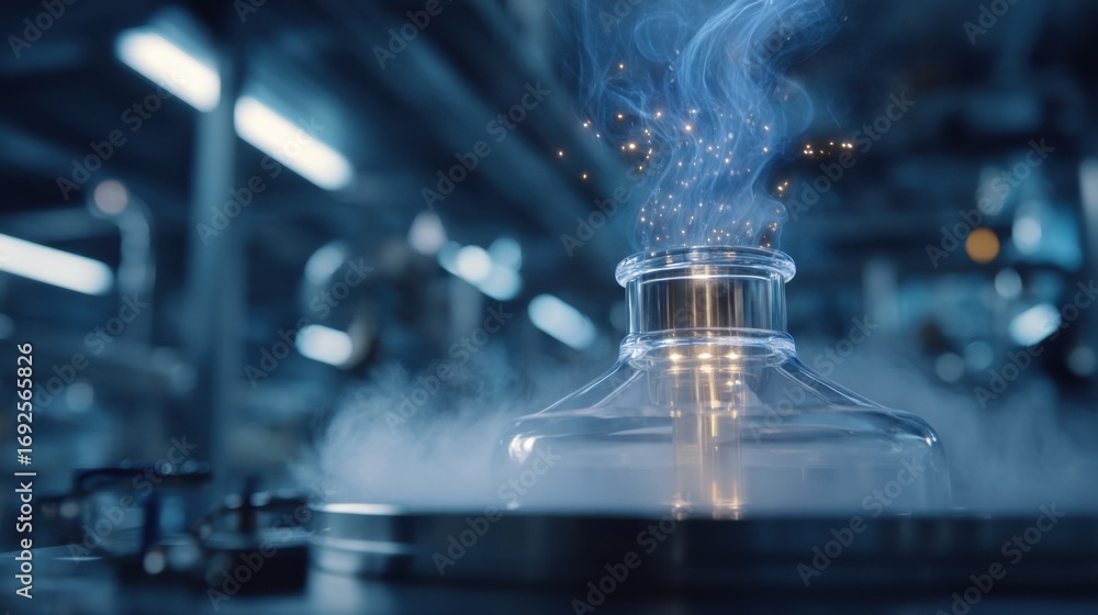 Poster a detailed view of a heating mantle surrounding a distillation flask with gentle vapor rising contra