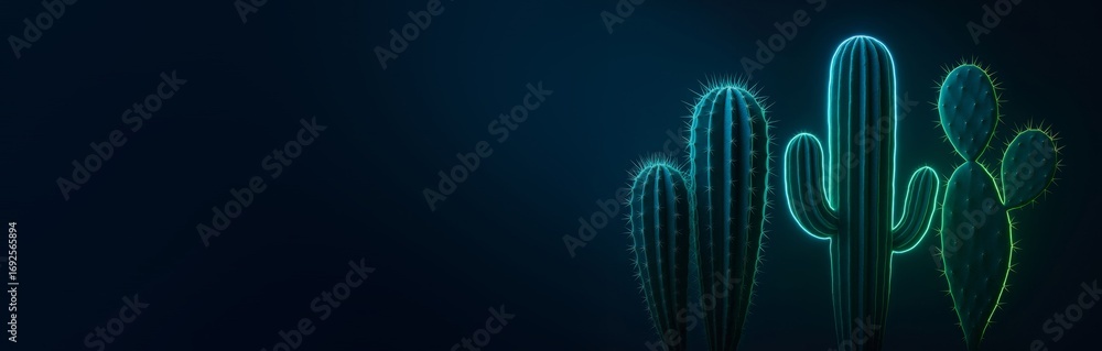 Poster neon glowing cactus plants on dark background with empty copy space for design or banner template co