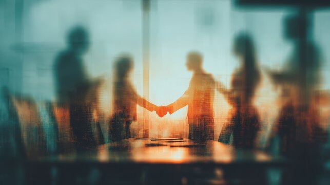 Blurred business people shaking hands in a modern office during sunset - Powered by Adobe