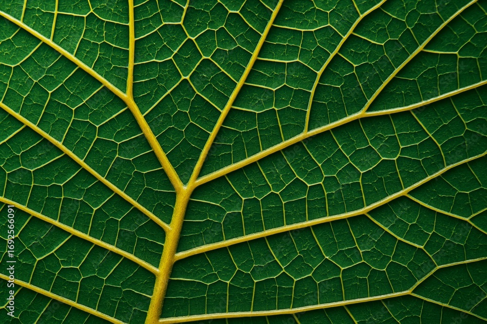 Poster close-up macro of green leaf showing detailed yellow vein structure and patterns on a vibrant natura