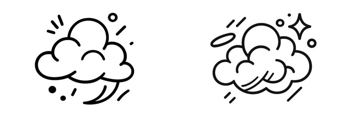 Set of two black and white line art icons depicting cartoon clouds with motion lines, sparkles, and a halo for concepts like magic, clean, or dust