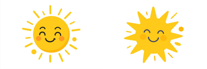 Cute smiling sun character icon set for weather forecast or summer design isolated on a white background