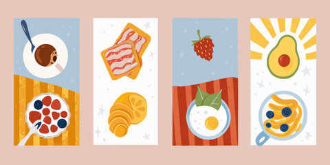 A vibrant collection of four flat lay illustrations depicting various breakfast foods and drinks in a playful style